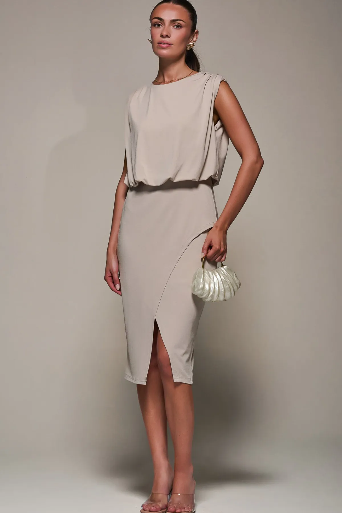 Jolie Moi Office Wear|Jersey Dresses-Draped Wrap Bodycon MIdi Dress, Taupe