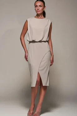 Jolie Moi Office Wear|Jersey Dresses-Draped Wrap Bodycon MIdi Dress, Taupe