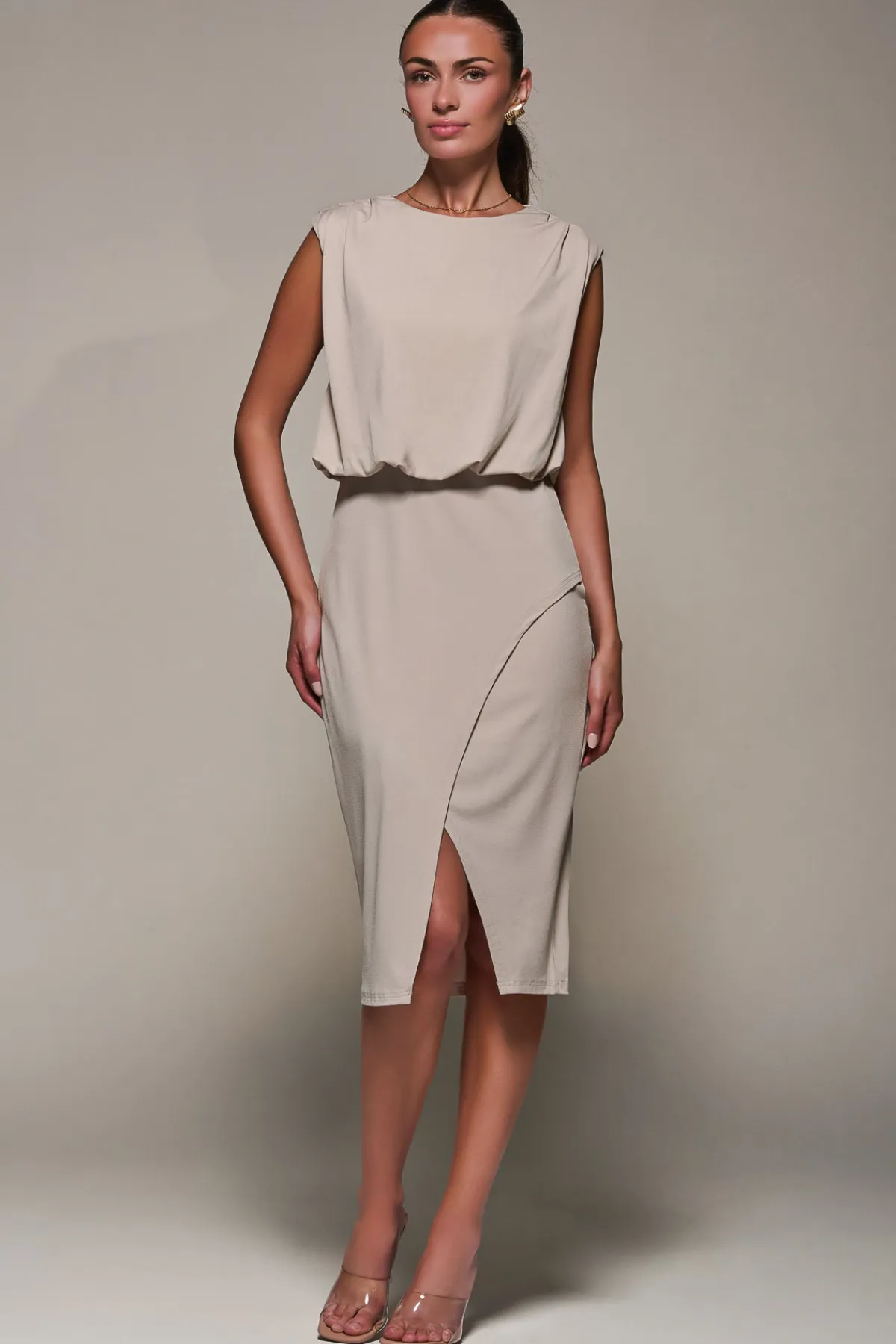 Jolie Moi Office Wear|Jersey Dresses-Draped Wrap Bodycon MIdi Dress, Taupe