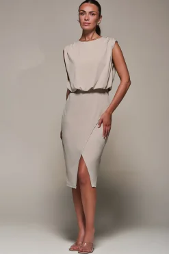 Jolie Moi Office Wear|Jersey Dresses-Draped Wrap Bodycon MIdi Dress, Taupe