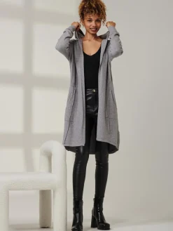 Jolie Moi Knitted Cardigan|Knitted Jumpers-Drawstring Waist Hooded Cardigan, Dove Heather