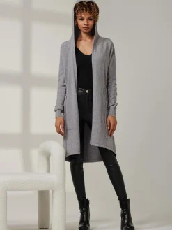Jolie Moi Knitted Cardigan|Knitted Jumpers-Drawstring Waist Hooded Cardigan, Dove Heather