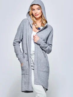 Jolie Moi Knitted Cardigan|Knitted Jumpers-Drawstring Waist Hooded Cardigan, Dove Heather