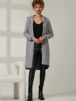 Jolie Moi Knitted Cardigan|Knitted Jumpers-Drawstring Waist Hooded Cardigan, Dove Heather