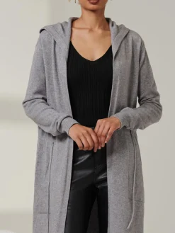 Jolie Moi Knitted Cardigan|Knitted Jumpers-Drawstring Waist Hooded Cardigan, Dove Heather