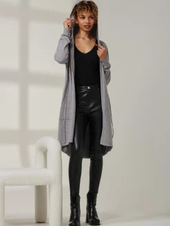 Jolie Moi Knitted Cardigan|Knitted Jumpers-Drawstring Waist Hooded Cardigan, Dove Heather