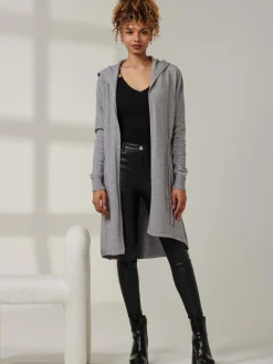 Jolie Moi Knitted Cardigan|Knitted Jumpers-Drawstring Waist Hooded Cardigan, Dove Heather