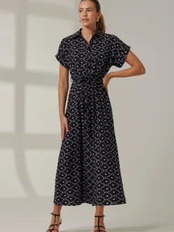 Jolie Moi Shirt Dresses|Office Dresses-Drop Shoulder Shirt Maxi Dress, Black Star