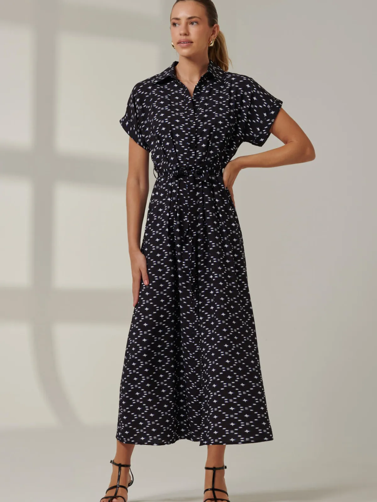 Jolie Moi Shirt Dresses|Office Dresses-Drop Shoulder Shirt Maxi Dress, Black Star