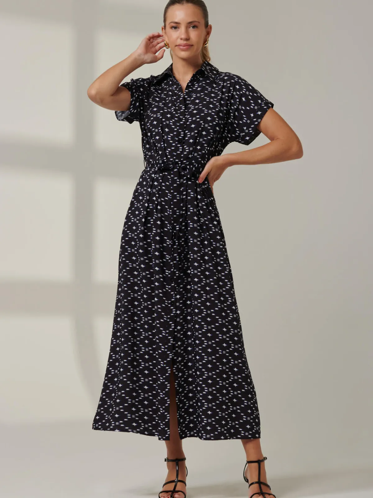 Jolie Moi Shirt Dresses|Office Dresses-Drop Shoulder Shirt Maxi Dress, Black Star