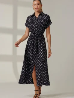 Jolie Moi Shirt Dresses|Office Dresses-Drop Shoulder Shirt Maxi Dress, Black Star