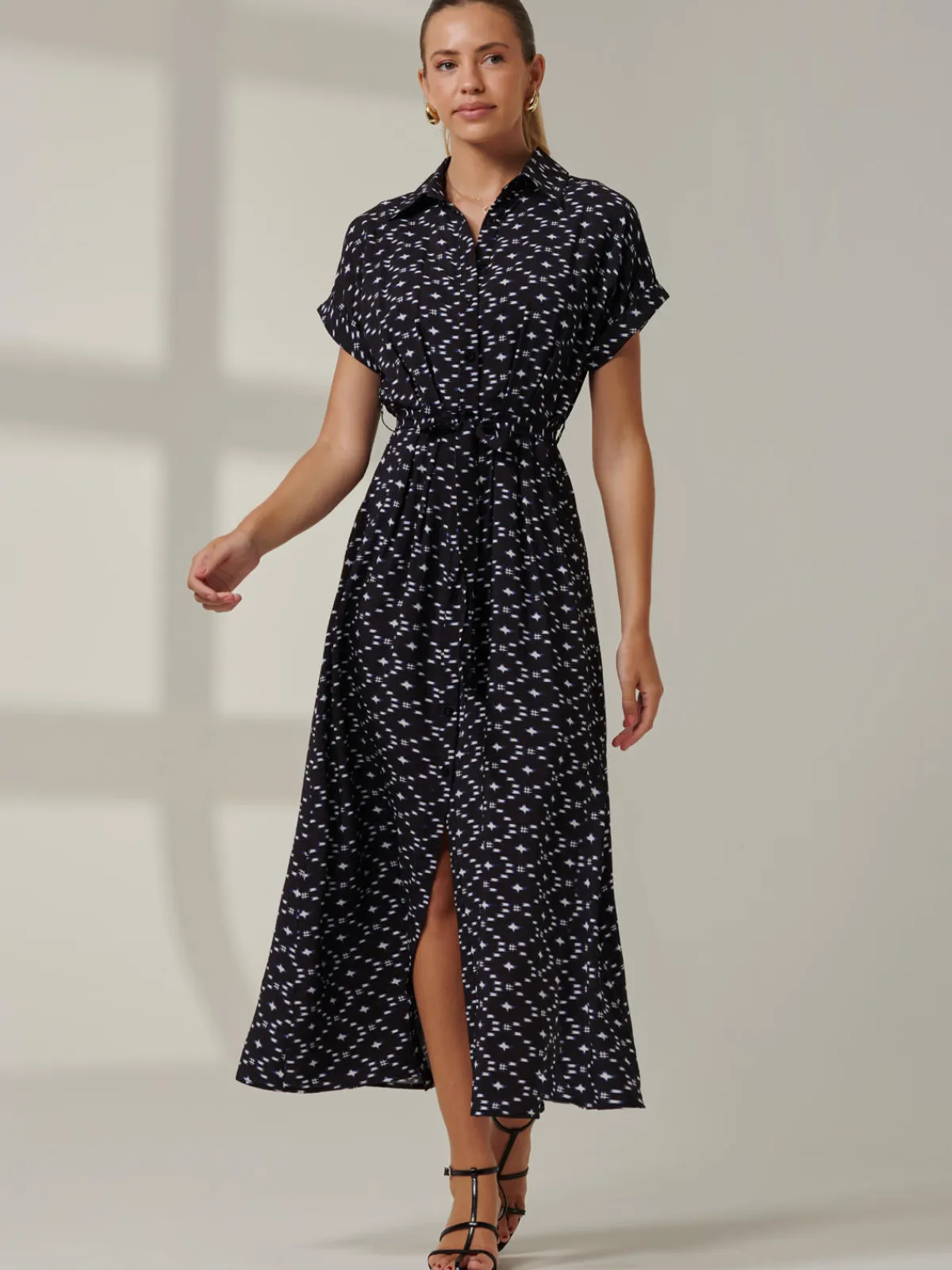Jolie Moi Shirt Dresses|Office Dresses-Drop Shoulder Shirt Maxi Dress, Black Star