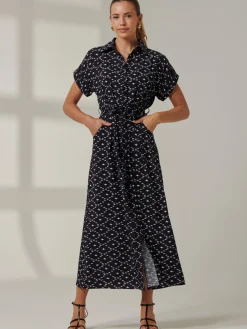 Jolie Moi Shirt Dresses|Office Dresses-Drop Shoulder Shirt Maxi Dress, Black Star