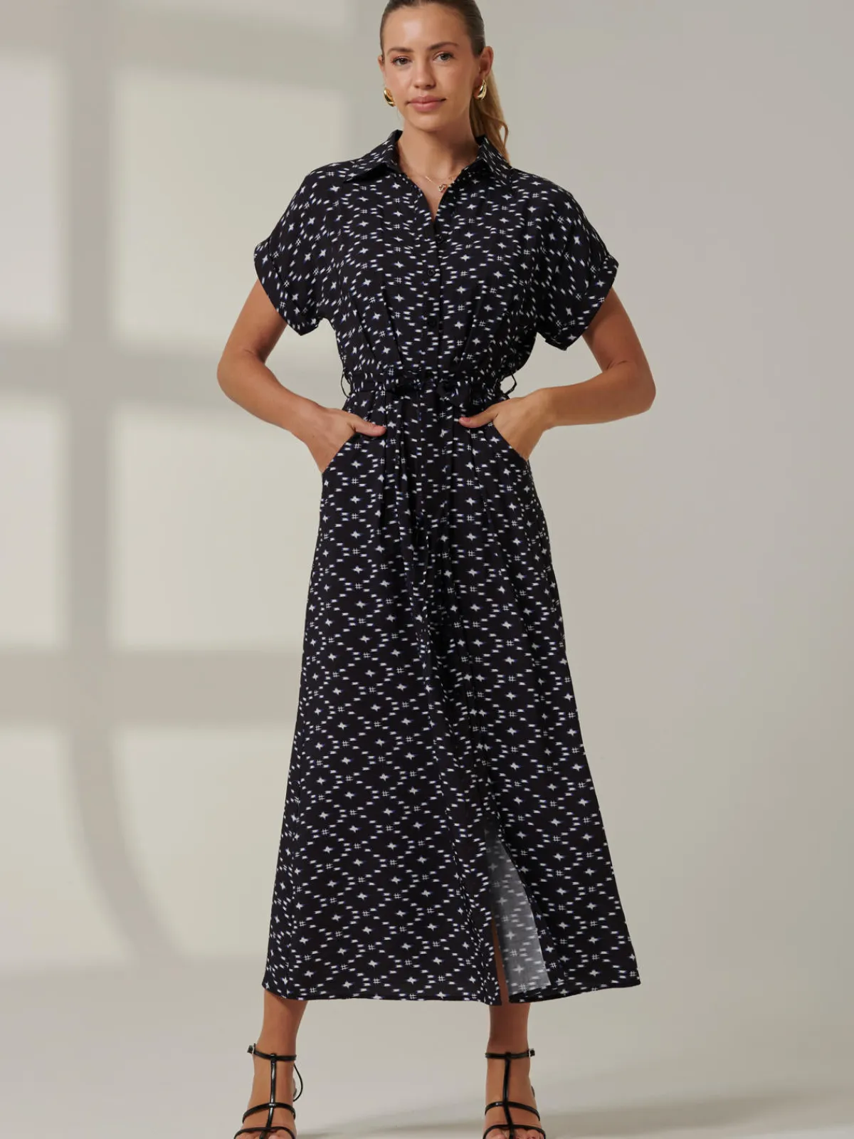 Jolie Moi Shirt Dresses|Office Dresses-Drop Shoulder Shirt Maxi Dress, Black Star