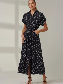 Jolie Moi Shirt Dresses|Office Dresses-Drop Shoulder Shirt Maxi Dress, Black Star