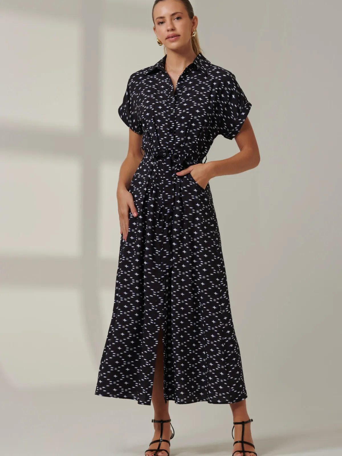 Jolie Moi Shirt Dresses|Office Dresses-Drop Shoulder Shirt Maxi Dress, Black Star