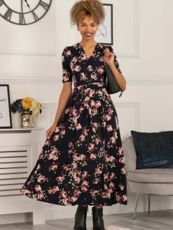 Jolie Moi Occasion Dresses|Jersey Dresses-Elisha Print Jersey Maxi Dress, Navy Floral