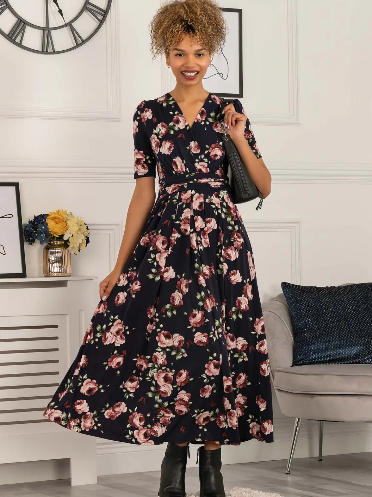 Jolie Moi Occasion Dresses|Jersey Dresses-Elisha Print Jersey Maxi Dress, Navy Floral
