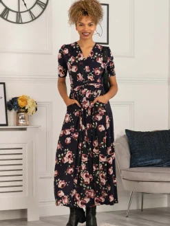 Jolie Moi Occasion Dresses|Jersey Dresses-Elisha Print Jersey Maxi Dress, Navy Floral