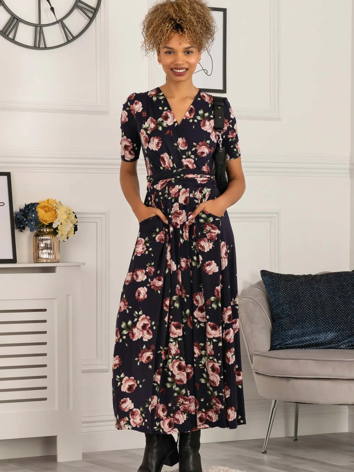Jolie Moi Occasion Dresses|Jersey Dresses-Elisha Print Jersey Maxi Dress, Navy Floral