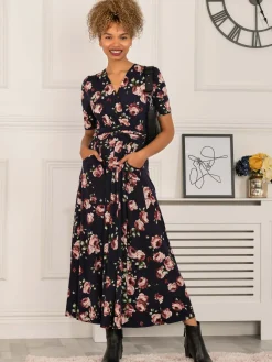 Jolie Moi Occasion Dresses|Jersey Dresses-Elisha Print Jersey Maxi Dress, Navy Floral