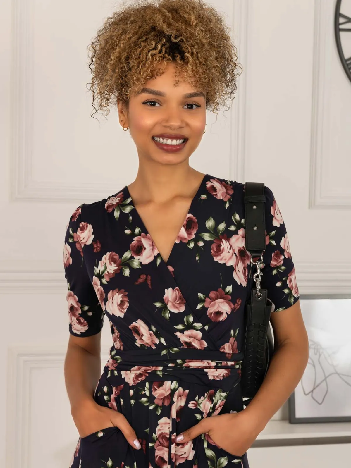 Jolie Moi Occasion Dresses|Jersey Dresses-Elisha Print Jersey Maxi Dress, Navy Floral