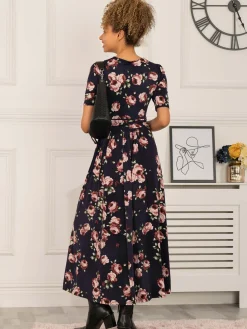 Jolie Moi Occasion Dresses|Jersey Dresses-Elisha Print Jersey Maxi Dress, Navy Floral