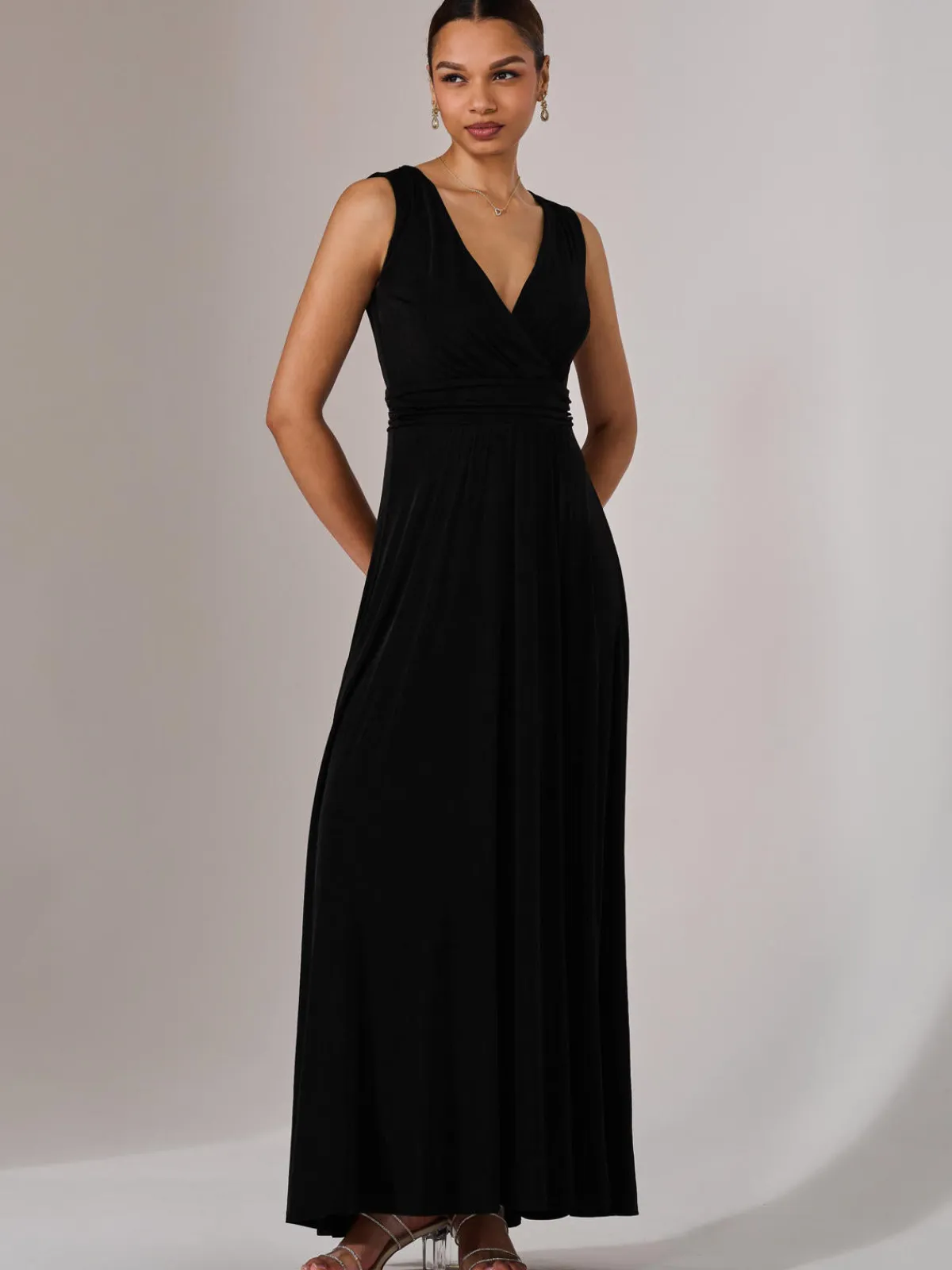 Jolie Moi Occasion Dresses|Jersey Dresses-Ella Wrap Bodice Jersey Maxi Dress, Black