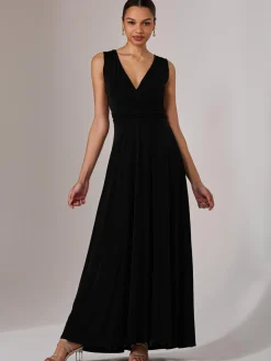 Jolie Moi Occasion Dresses|Jersey Dresses-Ella Wrap Bodice Jersey Maxi Dress, Black