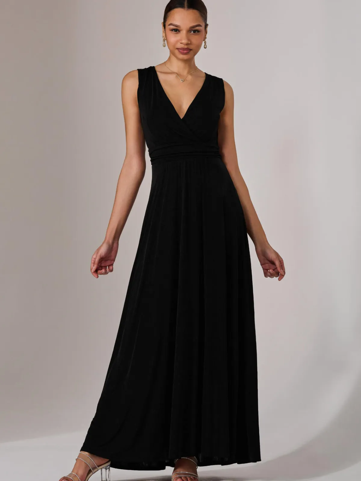 Jolie Moi Occasion Dresses|Jersey Dresses-Ella Wrap Bodice Jersey Maxi Dress, Black