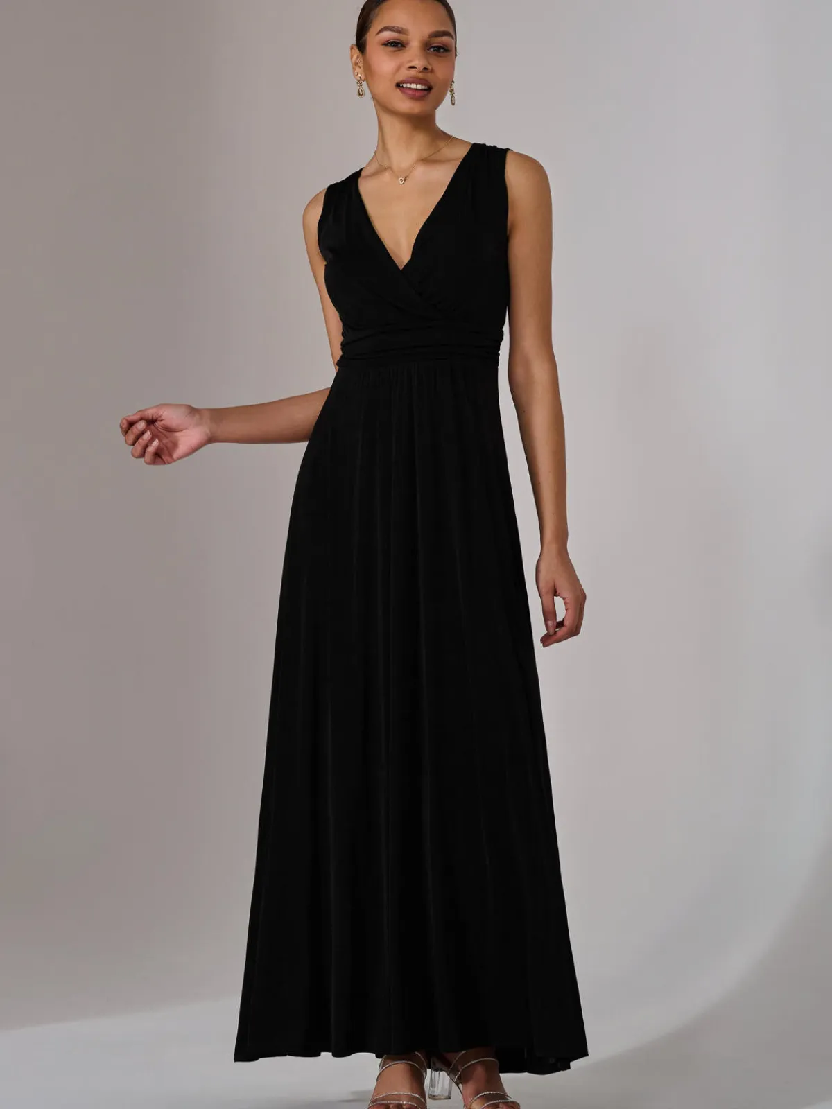 Jolie Moi Occasion Dresses|Jersey Dresses-Ella Wrap Bodice Jersey Maxi Dress, Black
