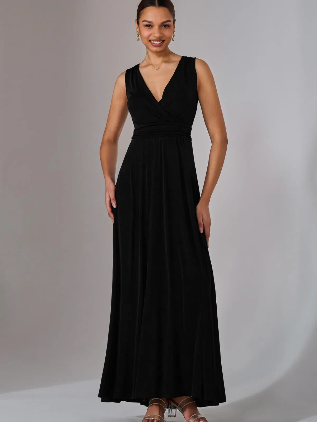 Jolie Moi Occasion Dresses|Jersey Dresses-Ella Wrap Bodice Jersey Maxi Dress, Black