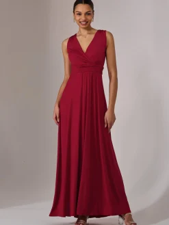 Jolie Moi Occasion Dresses|Jersey Dresses-Ella Wrap Bodice Jersey Maxi Dress, Dark Red