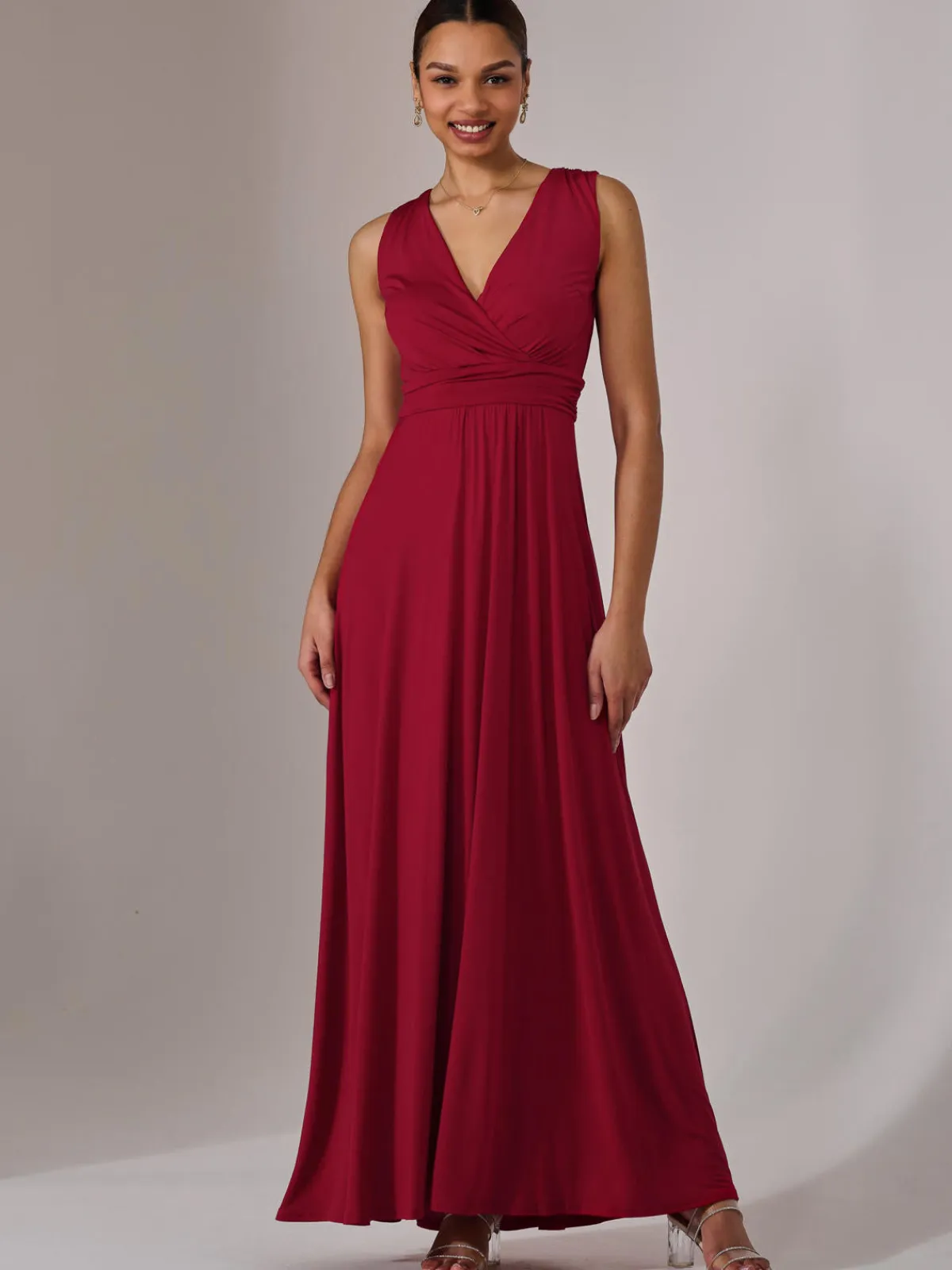 Jolie Moi Occasion Dresses|Jersey Dresses-Ella Wrap Bodice Jersey Maxi Dress, Dark Red