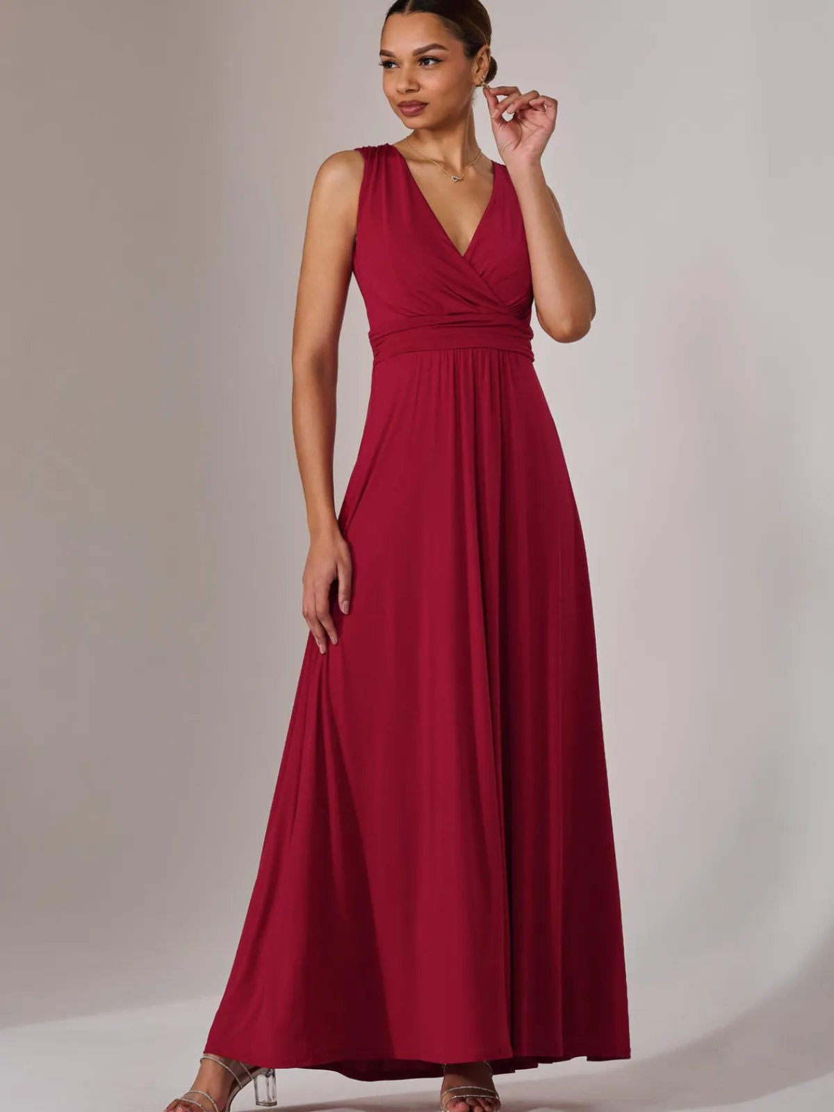 Jolie Moi Occasion Dresses|Jersey Dresses-Ella Wrap Bodice Jersey Maxi Dress, Dark Red