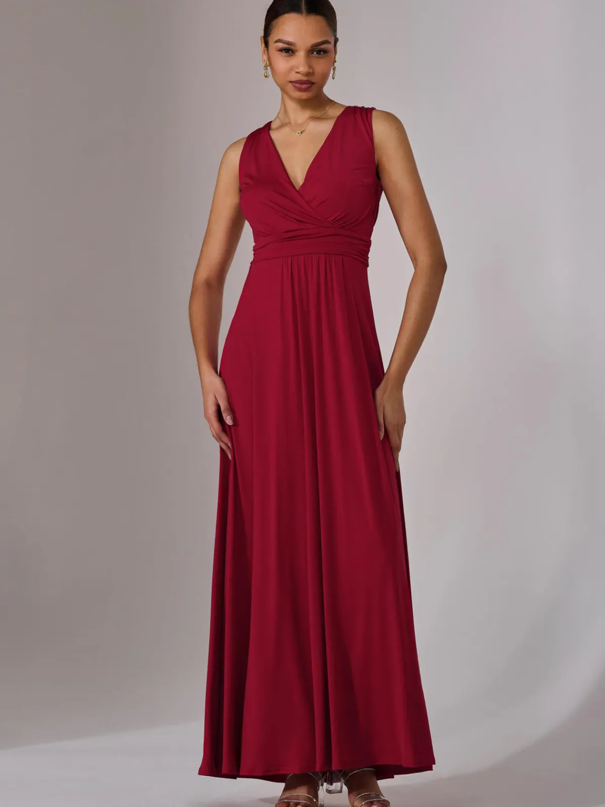 Jolie Moi Occasion Dresses|Jersey Dresses-Ella Wrap Bodice Jersey Maxi Dress, Dark Red