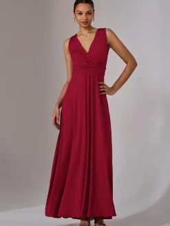 Jolie Moi Occasion Dresses|Jersey Dresses-Ella Wrap Bodice Jersey Maxi Dress, Dark Red