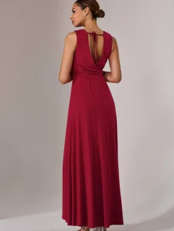 Jolie Moi Occasion Dresses|Jersey Dresses-Ella Wrap Bodice Jersey Maxi Dress, Dark Red