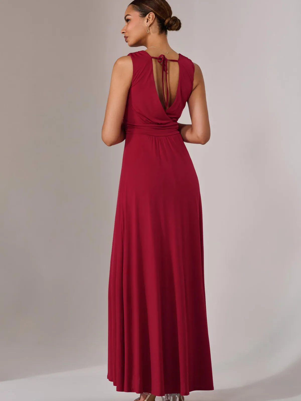 Jolie Moi Occasion Dresses|Jersey Dresses-Ella Wrap Bodice Jersey Maxi Dress, Dark Red