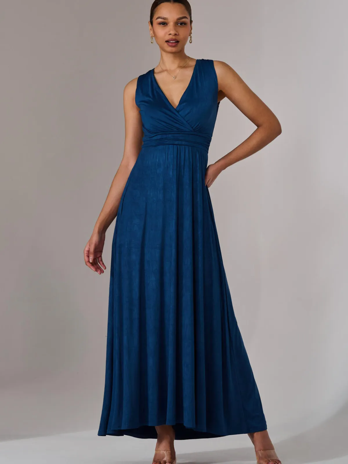 Jolie Moi Occasion Dresses|Jersey Dresses-Ella Wrap Bodice Jersey Maxi Dress, Navy