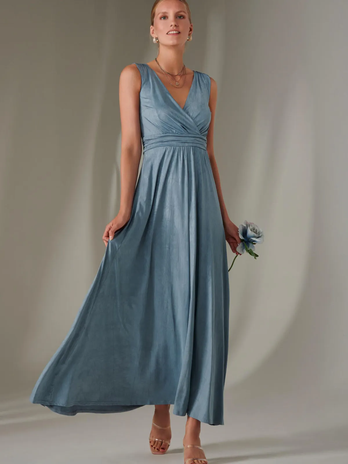 Jolie Moi Occasion Dresses|Sleeveless Dresses-Ella Wrap Bodice Jersey Maxi Dress, Steel Blue