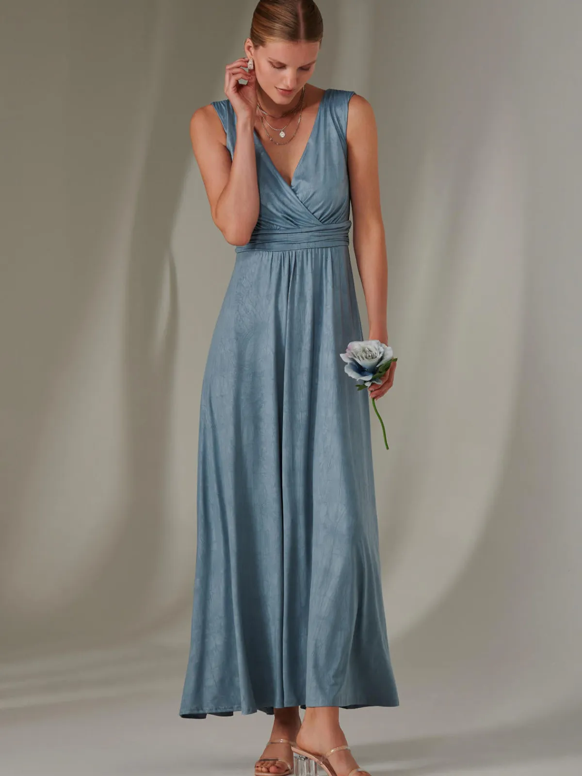 Jolie Moi Occasion Dresses|Sleeveless Dresses-Ella Wrap Bodice Jersey Maxi Dress, Steel Blue