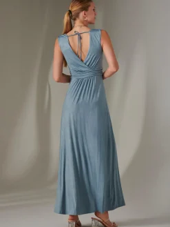 Jolie Moi Occasion Dresses|Sleeveless Dresses-Ella Wrap Bodice Jersey Maxi Dress, Steel Blue