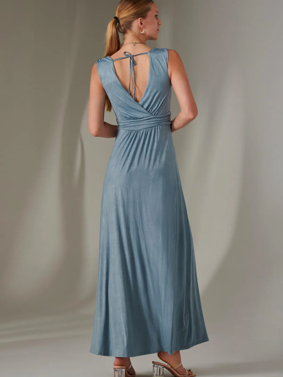 Jolie Moi Occasion Dresses|Sleeveless Dresses-Ella Wrap Bodice Jersey Maxi Dress, Steel Blue