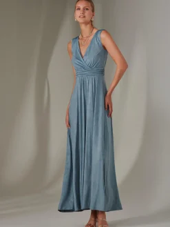 Jolie Moi Occasion Dresses|Sleeveless Dresses-Ella Wrap Bodice Jersey Maxi Dress, Steel Blue