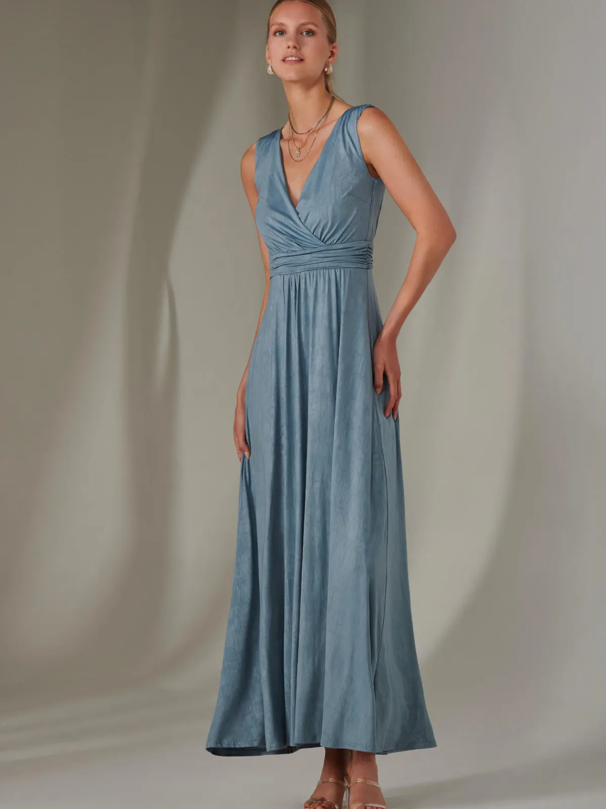 Jolie Moi Occasion Dresses|Sleeveless Dresses-Ella Wrap Bodice Jersey Maxi Dress, Steel Blue
