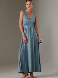 Jolie Moi Occasion Dresses|Sleeveless Dresses-Ella Wrap Bodice Jersey Maxi Dress, Steel Blue