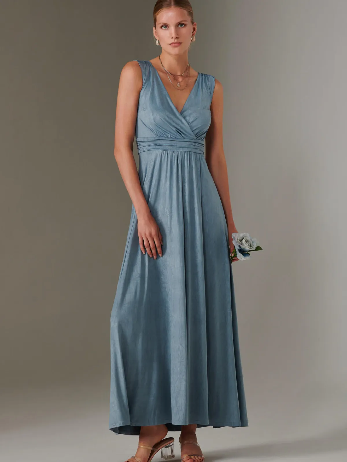 Jolie Moi Occasion Dresses|Sleeveless Dresses-Ella Wrap Bodice Jersey Maxi Dress, Steel Blue