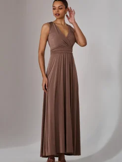 Jolie Moi Occasion Dresses|Sleeveless Dresses-Ella Wrap Bodice Jersey Maxi Dress, Taupe