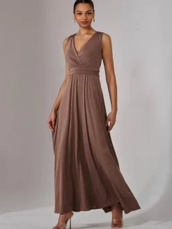 Jolie Moi Occasion Dresses|Sleeveless Dresses-Ella Wrap Bodice Jersey Maxi Dress, Taupe